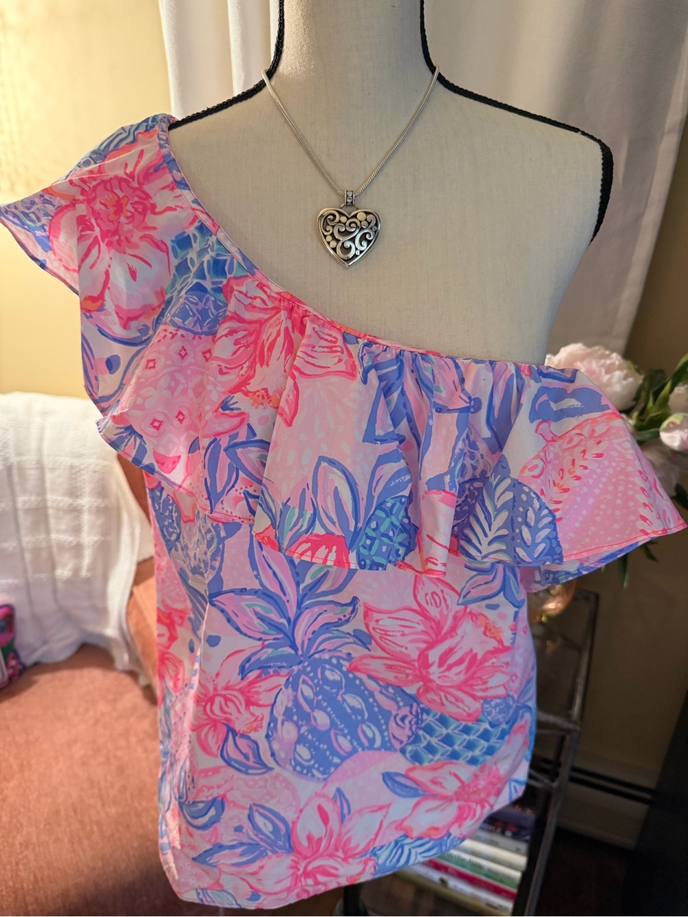 Lilly Pulitzer One-Shoulder Ruffle Tank - Pink & Blue Floral EUC XL